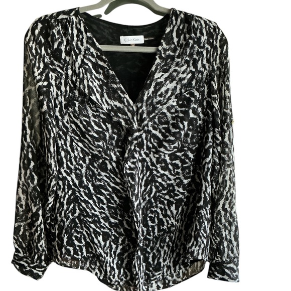 Calvin Klein Black and White Blouse - Tunic Women's Top with Rolled Sleeves XS - Picture 3 of 8